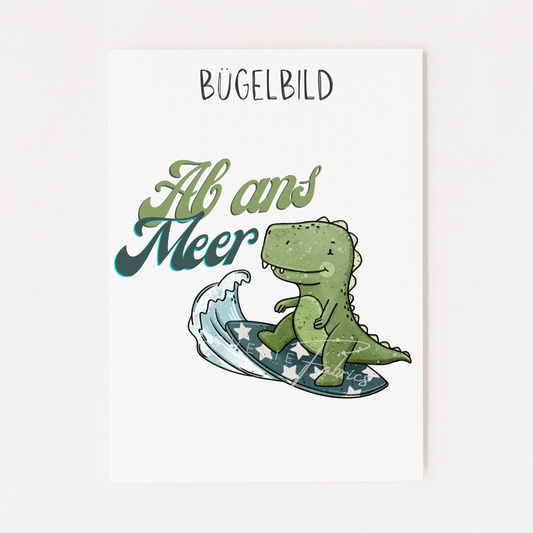 Bügelbild Dino Surf ,,Ab ans Meer''